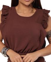 Cropped Feminino Marrom Café Babados GG Veste 42 ao 44 Moda Cropped Feminino Marrom Café Babados GG Veste 42 ao 44 Moda