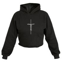 Cropped Feminino Moletom Estampa Cruz Jesus Capuz Inverno