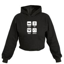 Cropped Feminino Moletom Sleep Eat Train Repeat Capuz Estilo