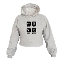 Cropped Feminino Moletom Sleep Eat Train Repeat Capuz Estilo