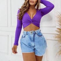 Cropped feminino nozinho canelado manga longa fashion