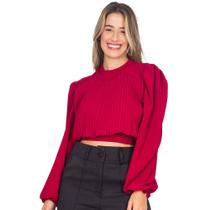 Cropped Feminino Plissado Gola Alta Com Bojo Manga Longa