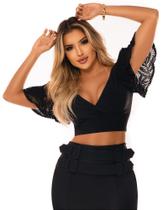 Cropped Feminino Preto Com Manga de Babado de Renda Verão