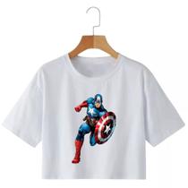Cropped Feminino Raglan Capitão América Estampa Cropped Manga Curta Macio Leve