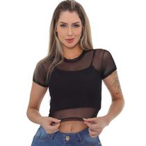Cropped Feminino Top Tule Black Comfort Party Festas Balada Moda Noite Tecido Fresquinho