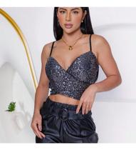 Cropped Feminino Transpassado Alças Finas Paetê Brilhos