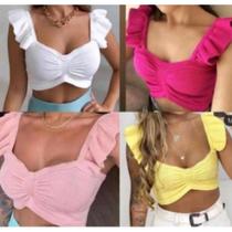 Cropped Feminino tricôt Dani manga M Rosa Pink