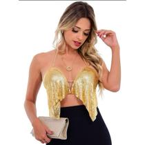 Cropped Festa Caidinho Com Bojo Dourado Alça Metal Brilhoso