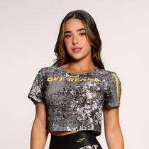 Cropped Fitness Estampado Cinza com Detalhe Amarelo Neon Get