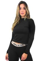 Cropped Fitness Manga Longa Preto Deluxe LX107