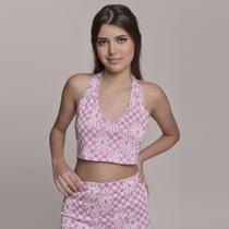 Cropped Frente única Feminino Amofany Em Malha Xadrez Floral Cropped Frente única Feminino Amofany Em Malha Xadrez Floral