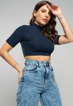 Cropped Gola Alta Comfy Malha Canelada Azul Salvatore Fashion
