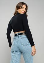 Cropped Gola Alta Manga Longa Comfy Malha Canelada Preto Salvatore Fashion