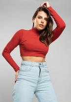 Cropped Gola Alta Manga Longa Comfy Malha Canelada Terracota Salvatore Fashion