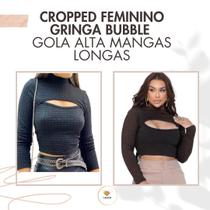 Cropped Gringa Bubble Sem Bojo Gola Alta Mangas Longas e Abertura Frontal Cor Preto Tamanho M