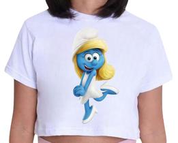 Cropped Infantil Blusa Manga Curta Estampa Smurfette Filme Desenho Algodão