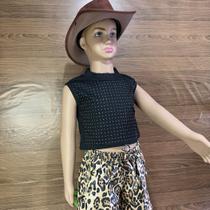 Cropped Infantil Malha Canelada com Strass Pingo Cores Branco e Preto