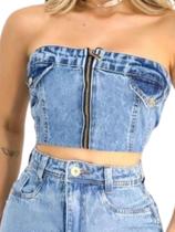 Cropped Jeans feminino bolso com aba ziper