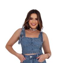 Cropped Jeans Feminino Decote Quadrado Alça Fina Modelagem Slim