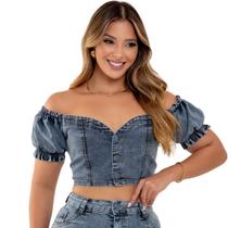 Cropped Jeans Feminino Marmorizado Manga Princesa com Elastano Conforto e Qualidade