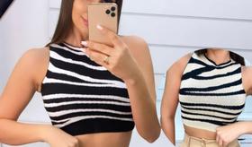 Cropped linho com listras preto e branco