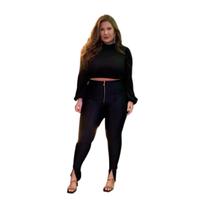 Cropped liso, plus size, manga longa franzida malha canelada