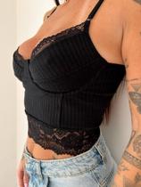 Cropped Low - Alcinha com Aro Canelado - Preto