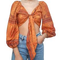 Cropped Manga Bufante com Amarração Laranja Cropped Manga Bufante com Amarração Laranja