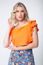 Cropped Manga Curta Com Babados Blusinha Malha Laranja Decote Quadrado Moda Feminina Blusa