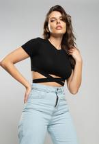 Cropped Manga Curta Com Tiras Malha Preto Salvatore Fashion