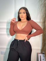 Cropped Manga Longa Com Decote Transpassado Sem Bojo