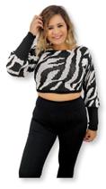 Cropped Manga Longa Tricot Animal Print Zebra Tendência Cropped Manga Longa Tricot Animal Print Zebra Tendência