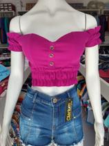 Cropped manga princesa Rosa com botões