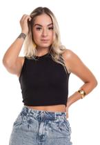 Cropped Modal Regata Feminina Lisa Em Ribana Gola Redonda - Cor Preto