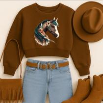 Cropped Moletom Country Estampa Cavalo Colorido Moda Western Faroeste Tecido Quente Macio