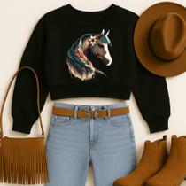 Cropped Moletom Country Estampa Cavalo Colorido Moda Western Faroeste Tecido Quente Macio