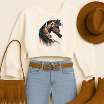 Cropped Moletom Country Estampa Cavalo Colorido Moda Western Faroeste Tecido Quente Macio