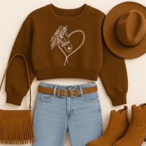 Cropped Moletom Country Estampa Cavalo Coração Modinha Estiloso Apaixonado Fofo Delicado