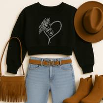 Cropped Moletom Country Estampa Cavalo Coração Modinha Estiloso Apaixonado Fofo Delicado