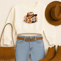 Cropped Moletom Country Estampa Chapéu Florido Modinha Estilosa Gringa Tecido Macio Quente