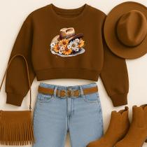 Cropped Moletom Country Estampa Chapéu Florido Modinha Estilosa Gringa Tecido Macio Quente