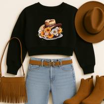 Cropped Moletom Country Estampa Chapéu Florido Modinha Estilosa Gringa Tecido Macio Quente