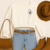 Cropped Moletom Country Estampa Terço Nossa Senhora Hallel Frio Inverno Outono Modinha Feminina Show