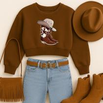 Cropped Moletom Estampa Bota e Chapéu Estilo Country Moda Western Faroeste Estiloso Look Inverno