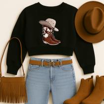 Cropped Moletom Estampa Bota e Chapéu Estilo Country Moda Western Faroeste Estiloso Look Inverno