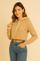 Cropped Moletom Feminino Capuz Liso Bege