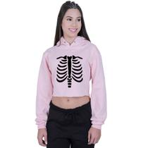 Cropped Moletom Feminino Halloween Dia das Bruxas Esqueleto Caveira