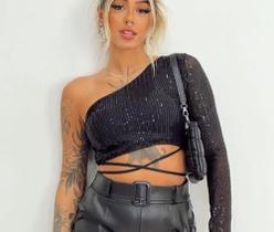 Cropped Mula Manga De Amarrar Cintura Paetê Brilho Manga Longa Festa