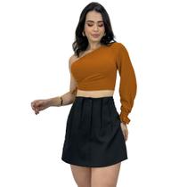 Cropped Mula Manga Longa Crepe Duna Top Amarração Elegante