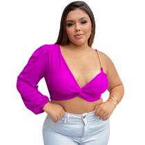 Cropped nula manga longa decote V nó torcido alça corrente slim e plus size blusa top manga unica comprida bufante malha suplex com bojo 36 ao 56